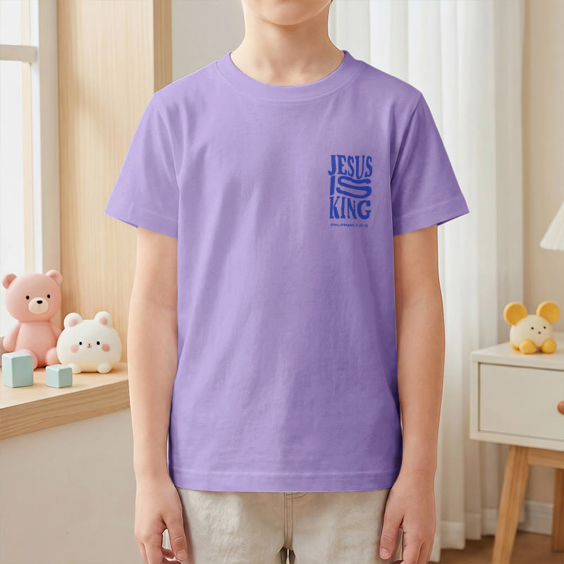 Christianartworkshop T-shirt enfant à manches courtes « Jésus est roi » Philippiens 2:10-11, imprimé recto verso en gras effet vieilli - image 49