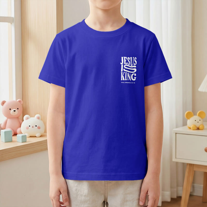 Christianartworkshop T-shirt enfant à manches courtes « Jésus est roi » Philippiens 2:10-11, imprimé recto verso en gras effet vieilli - image 85