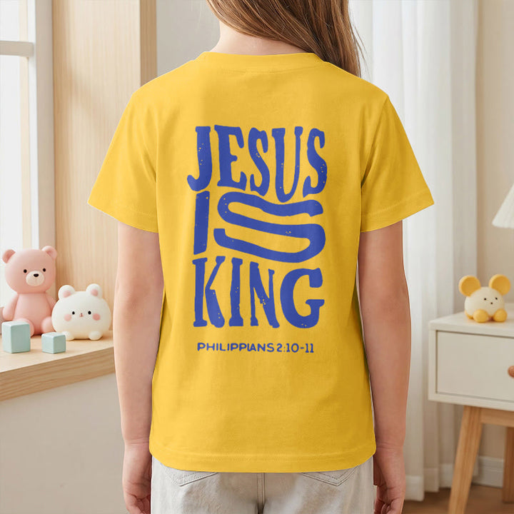 Christianartworkshop T-shirt enfant à manches courtes « Jésus est roi » Philippiens 2:10-11, imprimé recto verso en gras effet vieilli - image 35