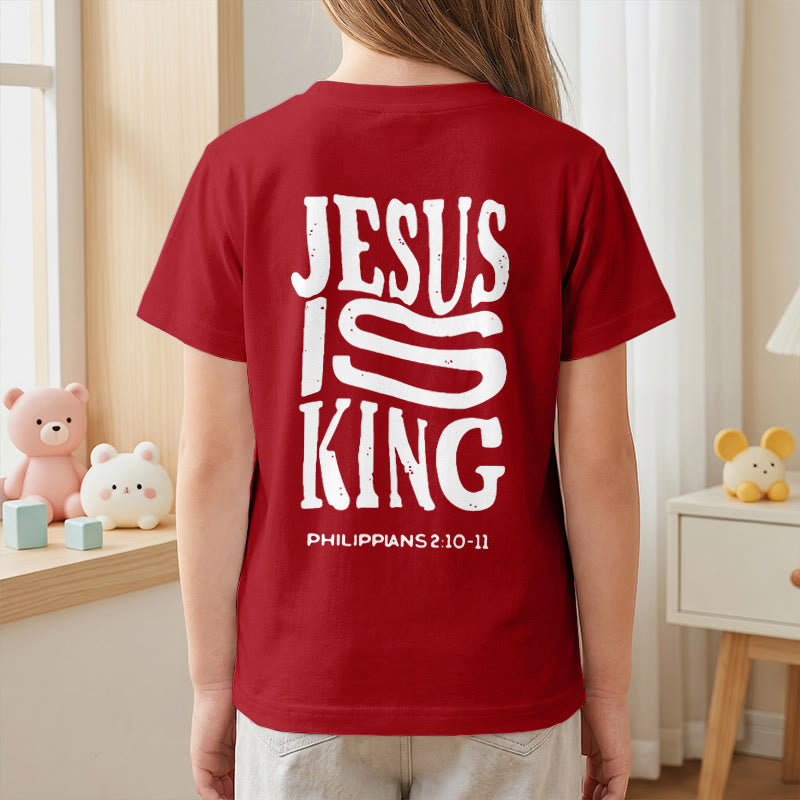 Christianartworkshop T-shirt enfant à manches courtes « Jésus est roi » Philippiens 2:10-11, imprimé recto verso en gras effet vieilli - image 62