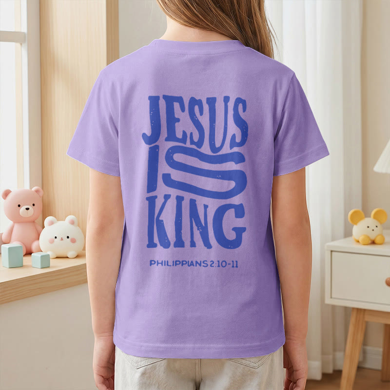 Christianartworkshop T-shirt enfant à manches courtes « Jésus est roi » Philippiens 2:10-11, imprimé recto verso en gras effet vieilli - image 53