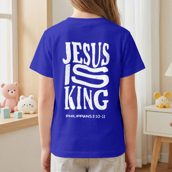 Christianartworkshop T-shirt enfant à manches courtes « Jésus est roi » Philippiens 2:10-11, imprimé recto verso en gras effet vieilli - image 89