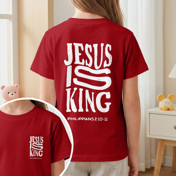 Christianartworkshop T-shirt enfant à manches courtes « Jésus est roi » Philippiens 2:10-11, imprimé recto verso en gras effet vieilli - image 56