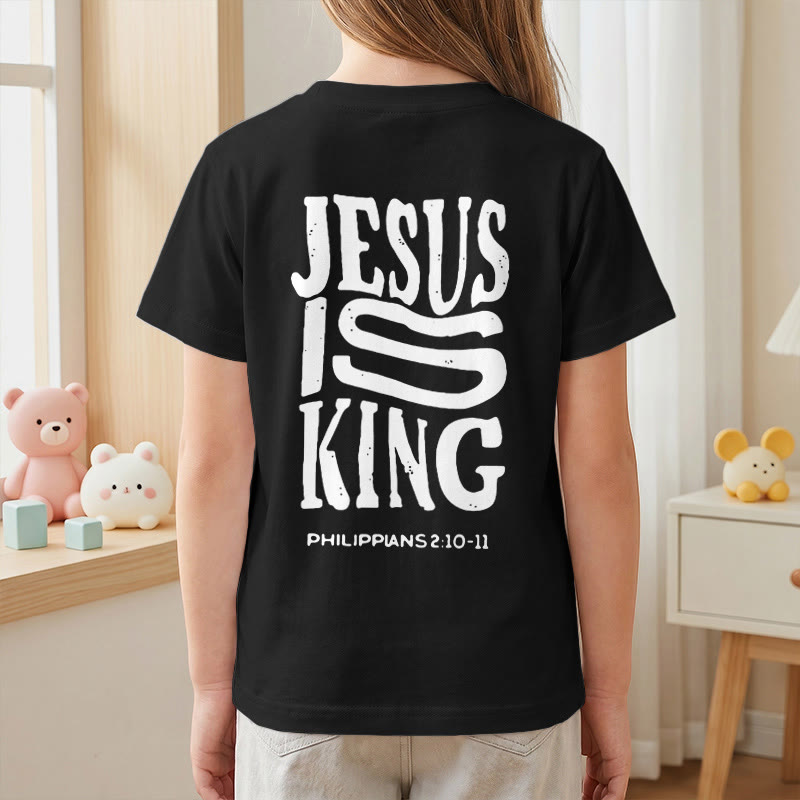 Christianartworkshop T-shirt enfant à manches courtes « Jésus est roi » Philippiens 2:10-11, imprimé recto verso en gras effet vieilli - image 44