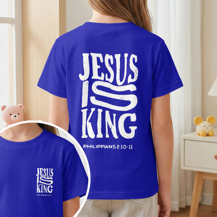 Christianartworkshop T-shirt enfant à manches courtes « Jésus est roi » Philippiens 2:10-11, imprimé recto verso en gras effet vieilli - image 83