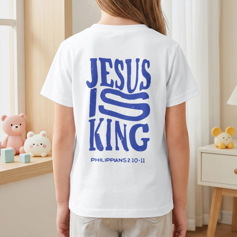 Christianartworkshop T-shirt enfant à manches courtes « Jésus est roi » Philippiens 2:10-11, imprimé recto verso en gras effet vieilli - image 17