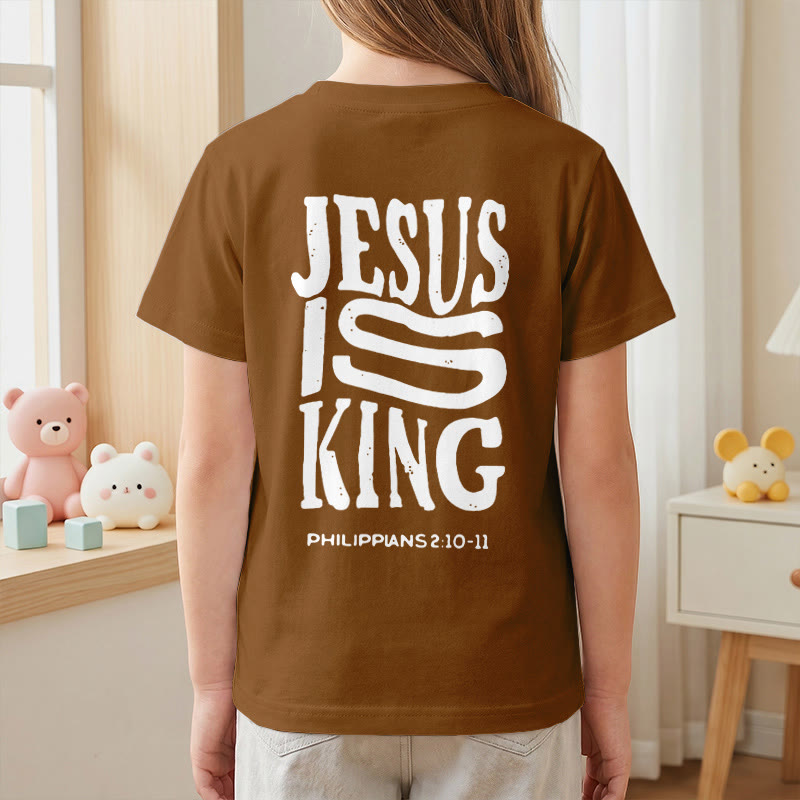 Christianartworkshop T-shirt enfant à manches courtes « Jésus est roi » Philippiens 2:10-11, imprimé recto verso en gras effet vieilli - image 26