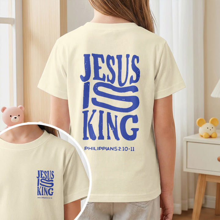 Christianartworkshop T-shirt enfant à manches courtes « Jésus est roi » Philippiens 2:10-11, imprimé recto verso en gras effet vieilli - image 2