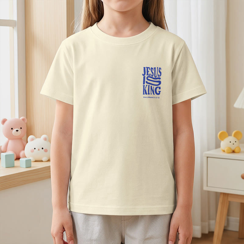 Christianartworkshop T-shirt enfant à manches courtes « Jésus est roi » Philippiens 2:10-11, imprimé recto verso en gras effet vieilli - image 5