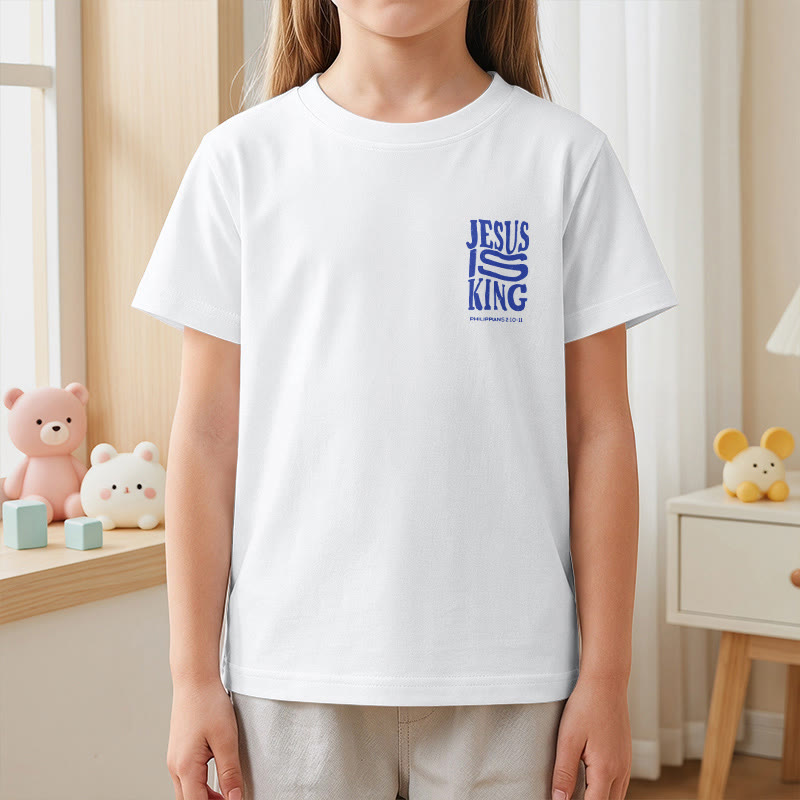 Christianartworkshop T-shirt enfant à manches courtes « Jésus est roi » Philippiens 2:10-11, imprimé recto verso en gras effet vieilli - image 14