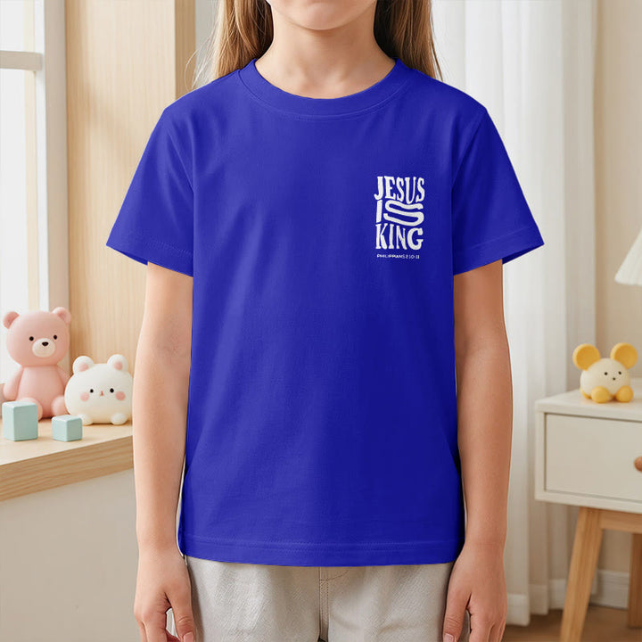 Christianartworkshop T-shirt enfant à manches courtes « Jésus est roi » Philippiens 2:10-11, imprimé recto verso en gras effet vieilli - image 86