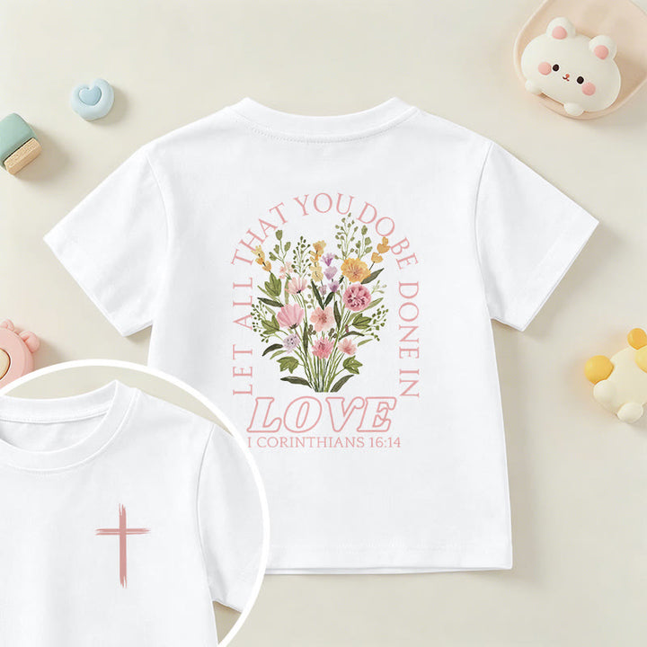 Christianartworkshop T-shirt à manches courtes Faith Kids classique à motif floral « Que tout ce que vous faites soit fait avec amour » - Blanc - US/UK/AU 14, EU170 - image 0