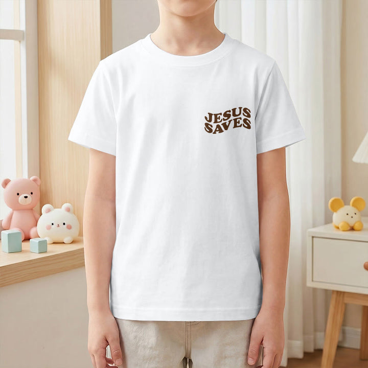 Christianartworkshop T-shirt à manches courtes pour enfants avec inscription classique « Jésus sauve » en forme de bulle et croix. - image 4