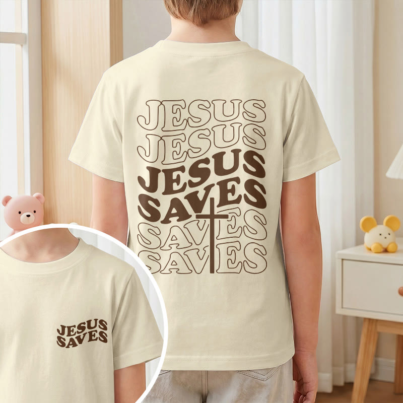 Christianartworkshop T-shirt à manches courtes pour enfants avec inscription classique « Jésus sauve » en forme de bulle et croix. - image 10