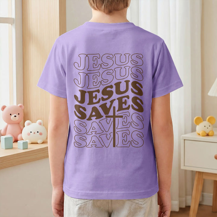 Christianartworkshop T-shirt à manches courtes pour enfants avec inscription classique « Jésus sauve » en forme de bulle et croix. - image 52