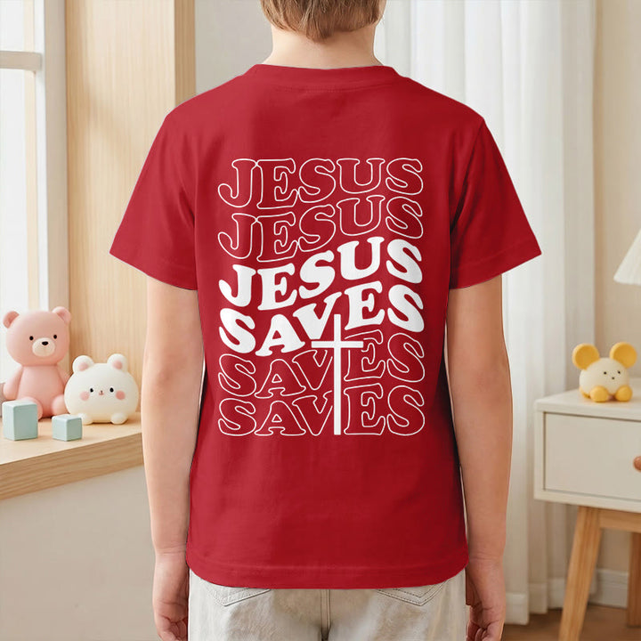 Christianartworkshop T-shirt à manches courtes pour enfants avec inscription classique « Jésus sauve » en forme de bulle et croix. - image 61