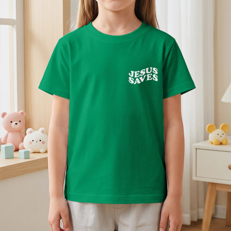 Christianartworkshop T-shirt à manches courtes pour enfants avec inscription classique « Jésus sauve » en forme de bulle et croix. - image 77