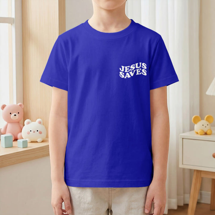 Christianartworkshop T-shirt à manches courtes pour enfants avec inscription classique « Jésus sauve » en forme de bulle et croix. - image 85