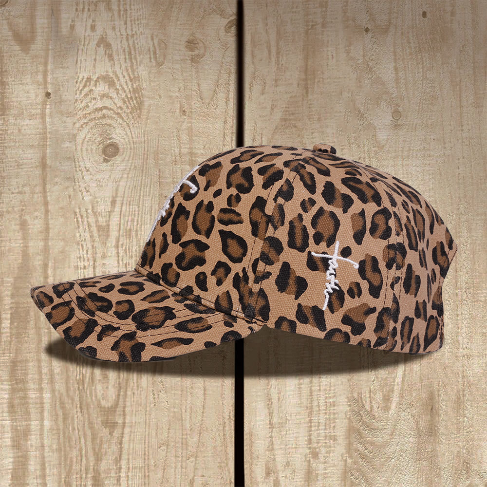Christianartworkshop Casquette de baseball unisexe délavée avec broderie croix cursive Faith et imprimé léopard - image 1