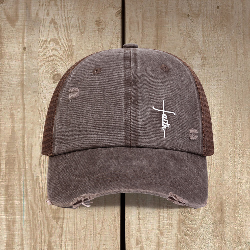 Christianartworkshop Casquette trucker unisexe à dos en maille vieillie et broderie cursive Faith Cross - image 7