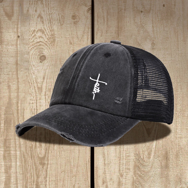 Christianartworkshop Casquette trucker unisexe à dos en maille vieillie et broderie cursive Faith Cross - Gris foncé - image 0