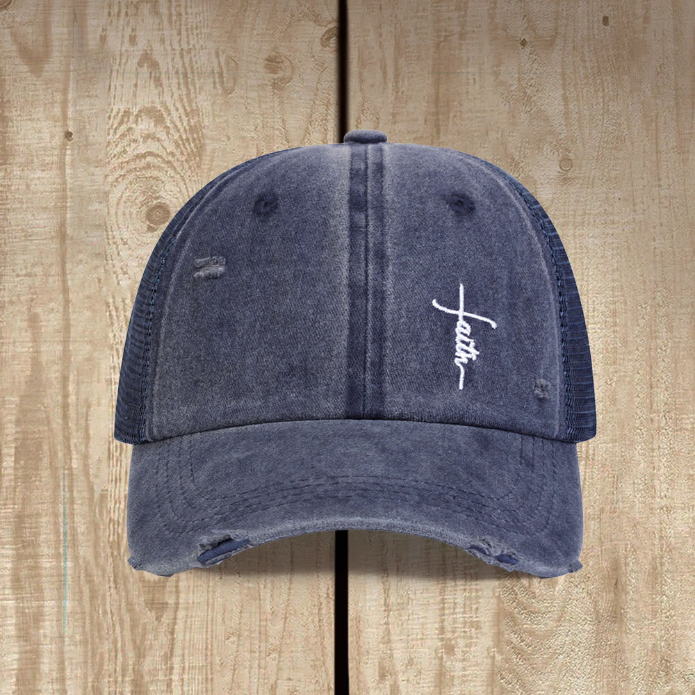 Christianartworkshop Casquette trucker unisexe à dos en maille vieillie et broderie cursive Faith Cross - image 3