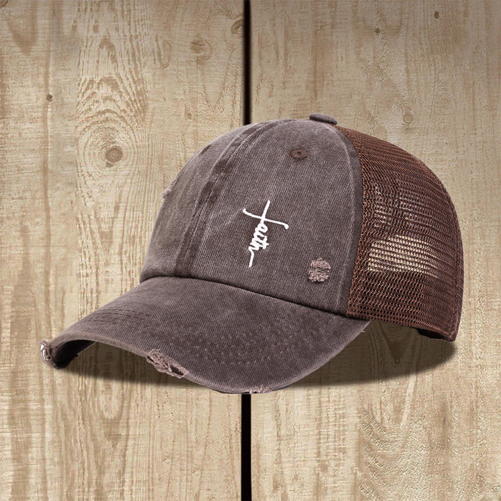 Christianartworkshop Casquette trucker unisexe à dos en maille vieillie et broderie cursive Faith Cross - Brun - image 6