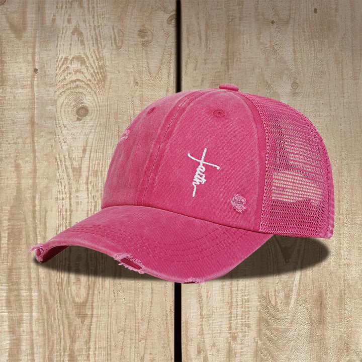 Christianartworkshop Casquette trucker unisexe à dos en maille vieillie et broderie cursive Faith Cross - Rose - image 4