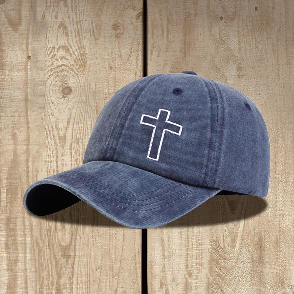 Christianartworkshop Casquette de baseball unisexe ajustable vintage délavée avec broderie croix simple - Bleu marine - image 0