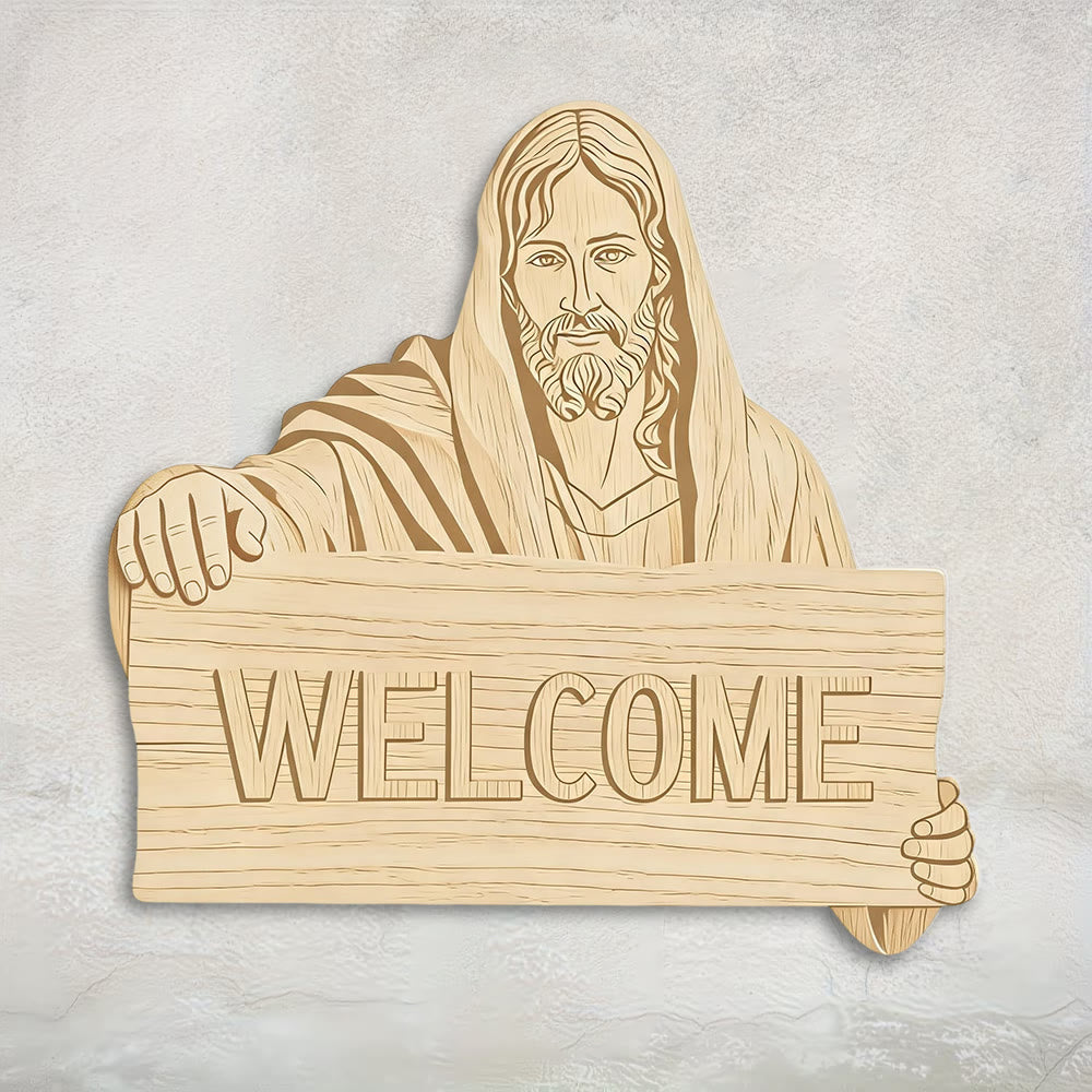 Décoration murale en bois naturel Christianartworkshop avec plaque imprimée « BIENVENUE » de Jésus : un rappel d'accueil chaleureux - image 1