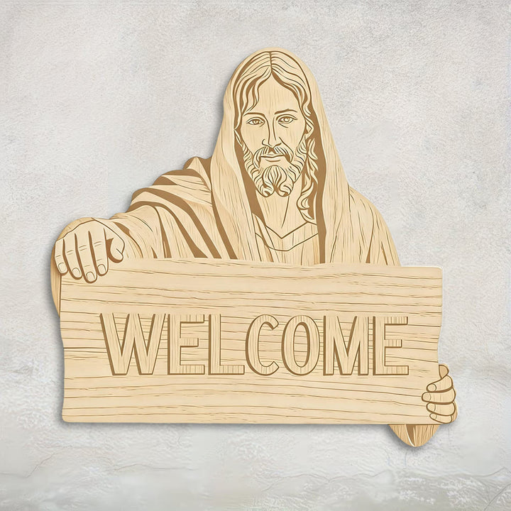 Décoration murale en bois naturel Christianartworkshop avec plaque imprimée « BIENVENUE » de Jésus : un rappel d'accueil chaleureux - image 1