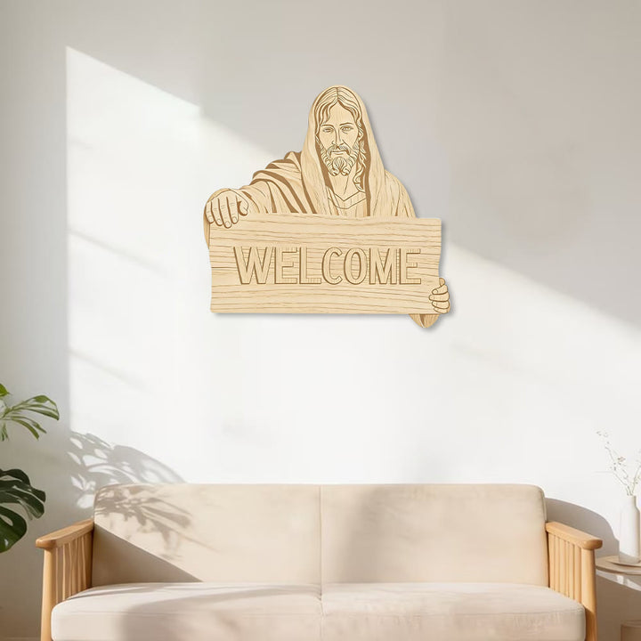 Décoration murale en bois naturel Christianartworkshop avec plaque imprimée « BIENVENUE » de Jésus : un rappel d'accueil chaleureux - image 2