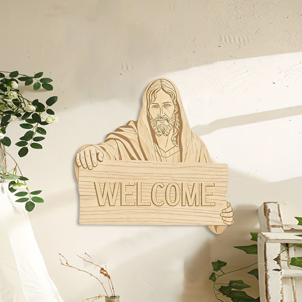 Décoration murale en bois naturel Christianartworkshop avec plaque imprimée « BIENVENUE » de Jésus : un rappel d'accueil chaleureux - 15,75''*15,35''*0,2''/40*39*0,5 cm - image 0