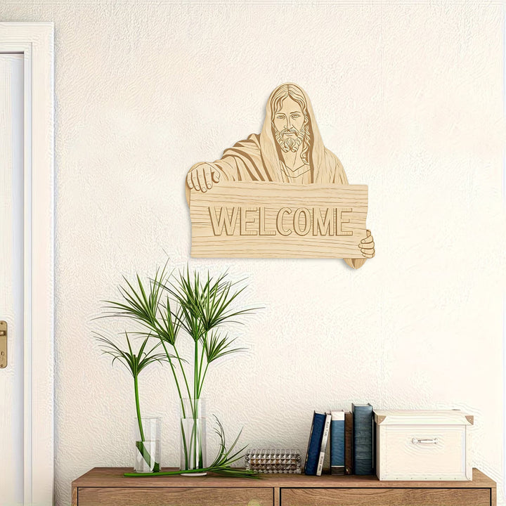 Décoration murale en bois naturel Christianartworkshop avec plaque imprimée « BIENVENUE » de Jésus : un rappel d'accueil chaleureux - image 3