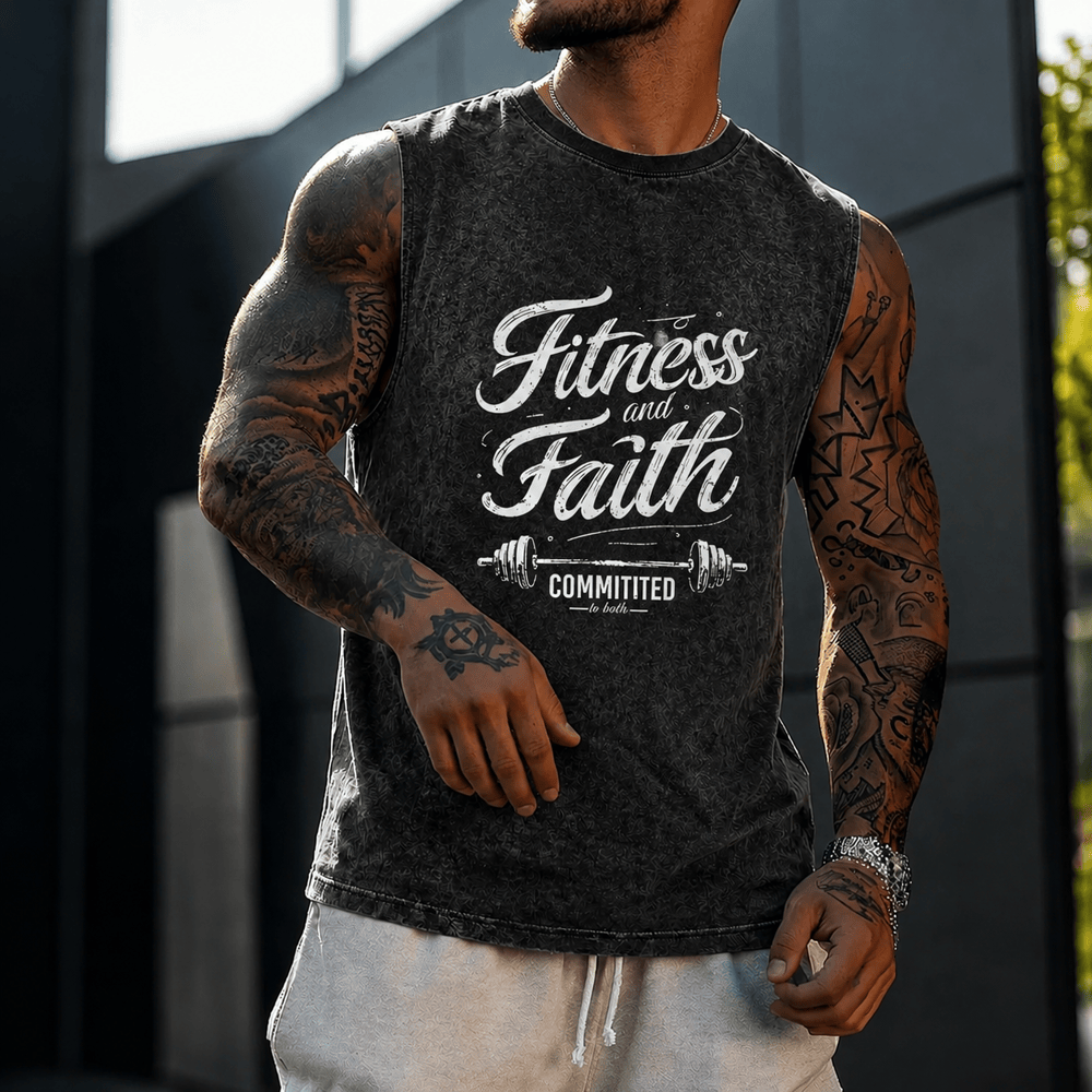 Christianartworkshop Fitness et Foi : Engagés dans les deux Débardeur unisexe Barbell lavé - image 0