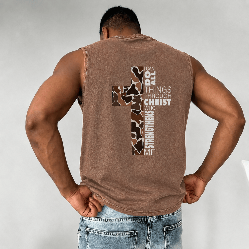 Christianartworkshop Débardeur unisexe lavé à motif camouflage croix « Je peux tout faire grâce au Christ » - image 0