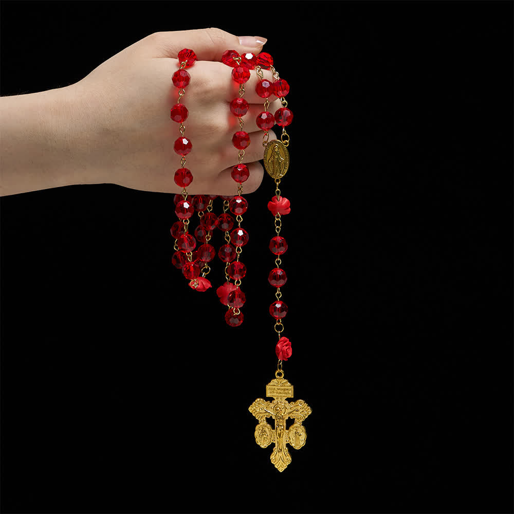 Christianartworkshop Chapelet Notre-Dame en verre rouge et rose cramoisi : Élégance sacrée et vintage - image 1