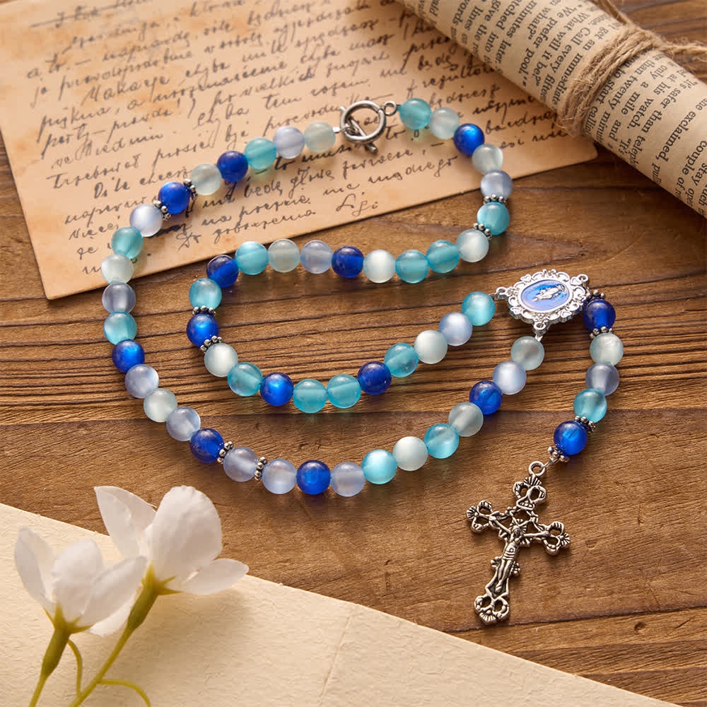 Christianartworkshop Chapelet Notre-Dame tricolore bleu givré à perles avec fermoir OT : Dévotion à porter au quotidien - Notre-Dame et le Crucifix - image 0
