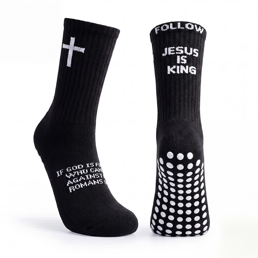 Christianartworkshop Chaussettes de sport montantes antidérapantes à pois et à lettres étagées « Suivez Jésus est roi » - image 1
