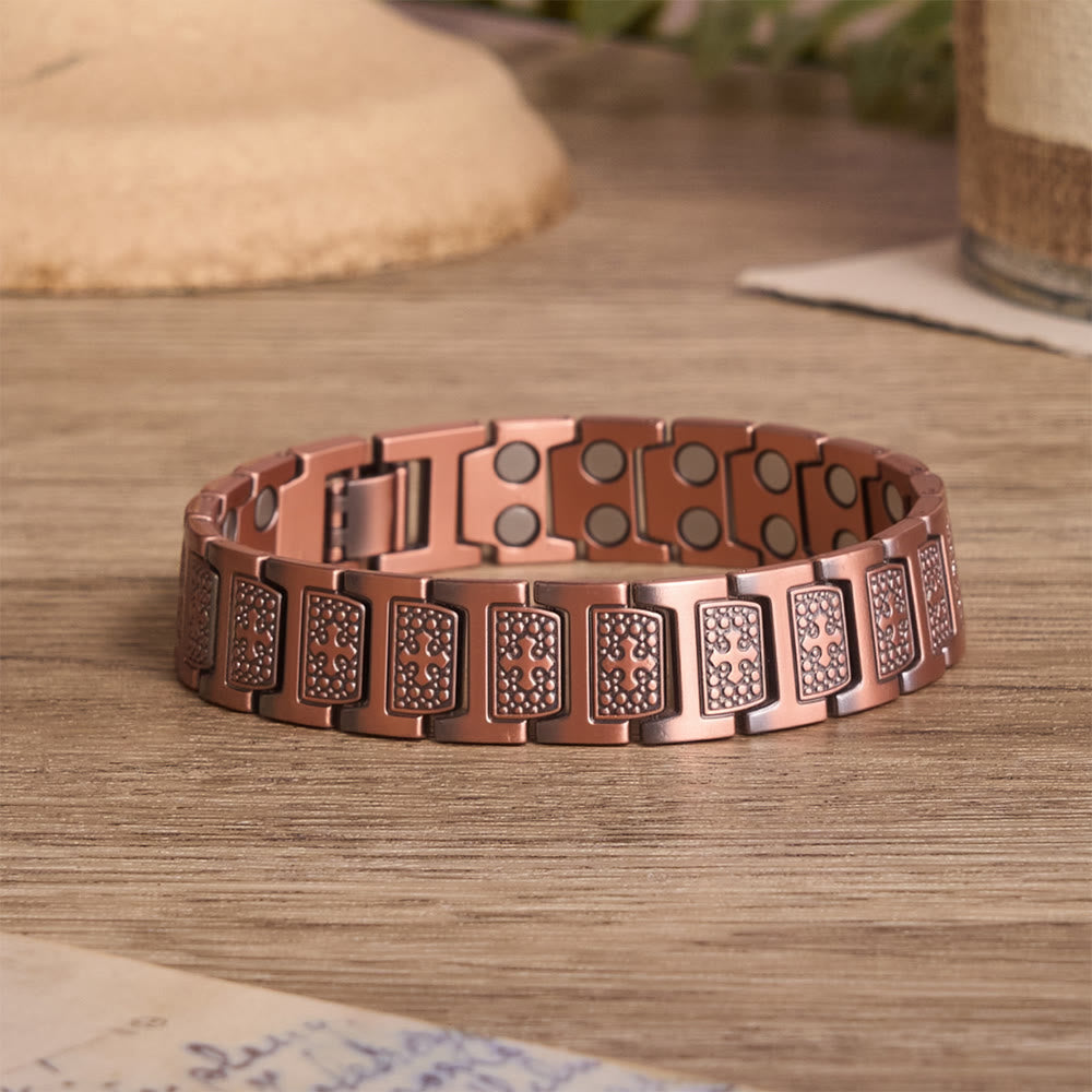Christianartworkshop Bracelet rectangulaire à maillons pleins avec croix gravée encadrée de perles bulles et fermoir pliable et ajustable - Bronze - image 0