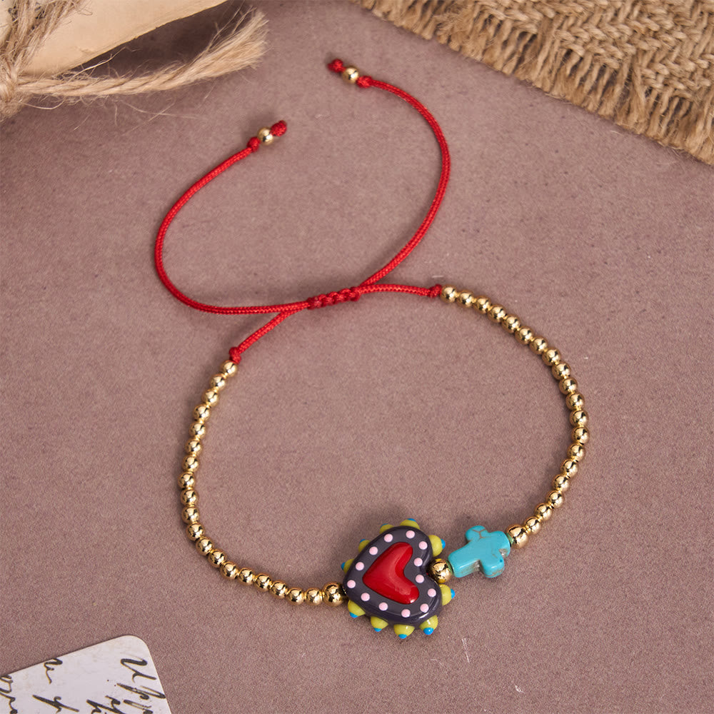 Christianartworkshop Bracelet ajustable en perles dorées, orné d'un cœur sacré décoré à la main, d'une petite croix et d'un motif de dessin animé. - C - image 6