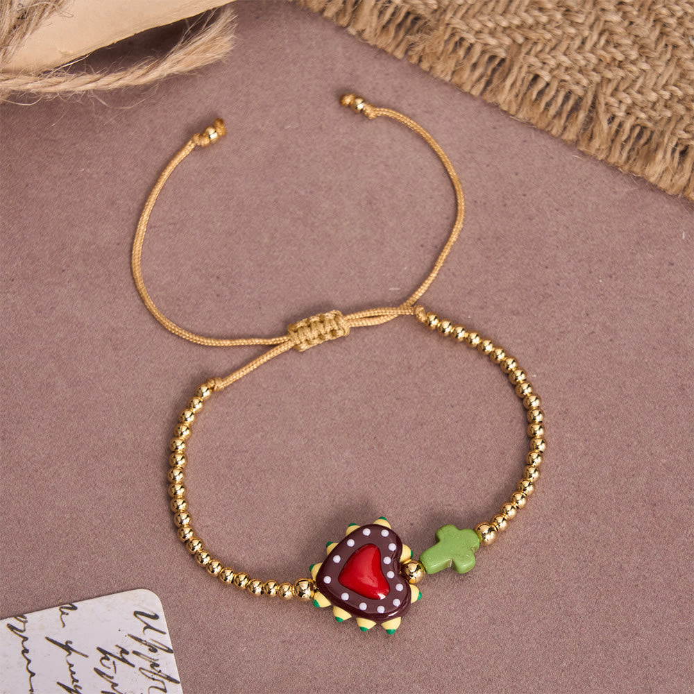 Christianartworkshop Bracelet ajustable en perles dorées, orné d'un cœur sacré décoré à la main, d'une petite croix et d'un motif de dessin animé. - D - image 8