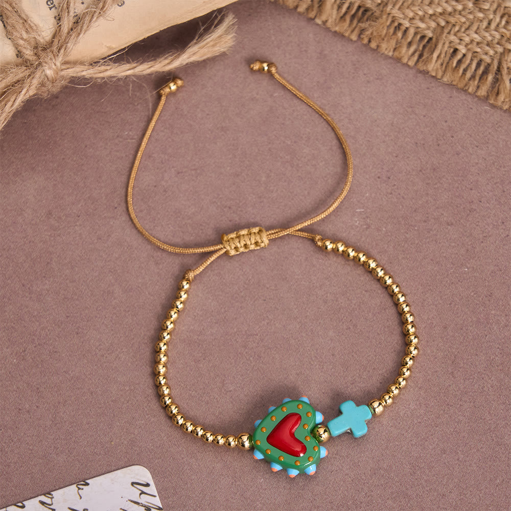 Christianartworkshop Bracelet ajustable en perles dorées, orné d'un cœur sacré décoré à la main, d'une petite croix et d'un motif de dessin animé. - F - image 12