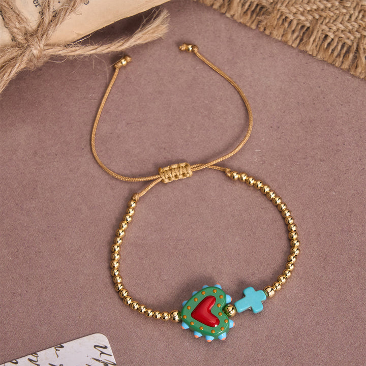 Christianartworkshop Bracelet ajustable en perles dorées, orné d'un cœur sacré décoré à la main, d'une petite croix et d'un motif de dessin animé. - F - image 12