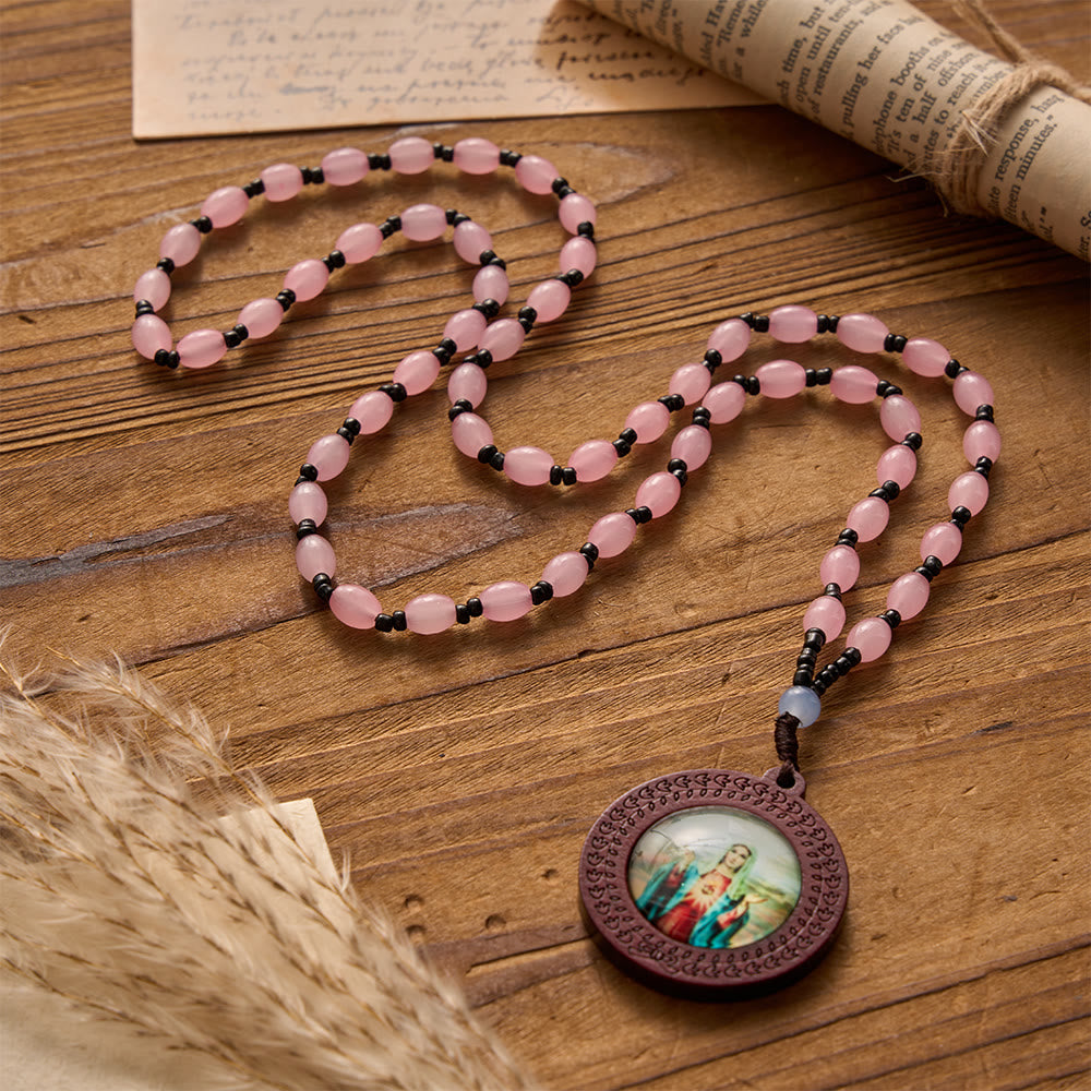 Christianartworkshop Pendentif avec portrait imprimé de Notre-Dame et cadre en bois sculpté, collier à perles de pierres irrégulières et cordon. - Rose A - image 1