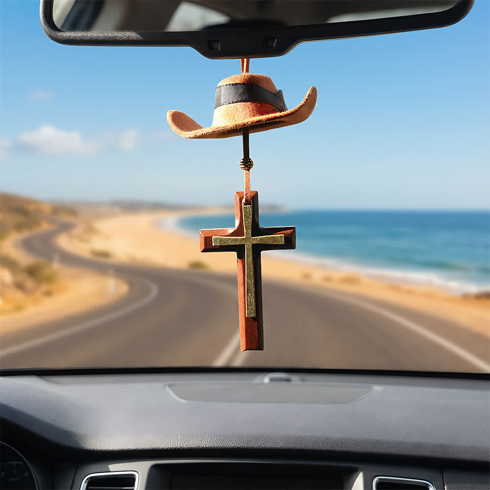 Pendentif de voiture chapeau de cowboy et croix de Christianartworkshop : Foi inébranlable pour la route - Croix en bois et métal - Brun - Avec perles - image 12