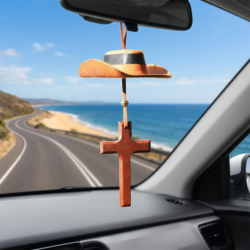 Pendentif de voiture chapeau de cowboy et croix de Christianartworkshop : Foi inébranlable pour la route - Croix de bois - Brun - Avec perles - image 10