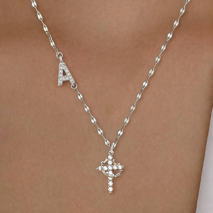 Collier croix couronne personnalisée avec initiale AZ, tons or et argent, de Christianartworkshop : bijou pendentif monogramme sacré personnalisé - UN - Argent - image 29