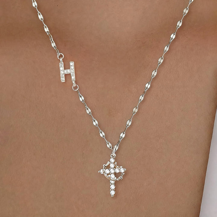 Collier croix couronne personnalisée avec initiale AZ, tons or et argent, de Christianartworkshop : bijou pendentif monogramme sacré personnalisé - H - Argent - image 37