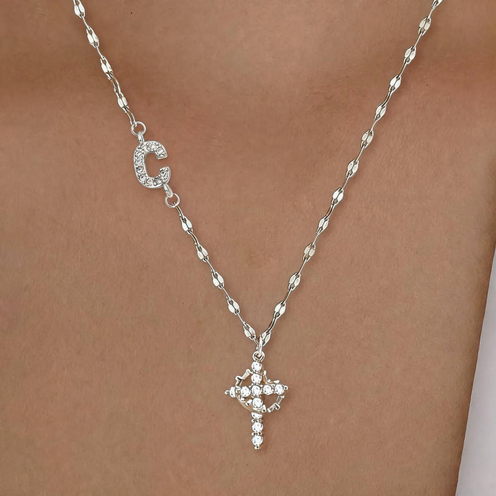 Collier croix couronne personnalisée avec initiale AZ, tons or et argent, de Christianartworkshop : bijou pendentif monogramme sacré personnalisé - C - Argent - image 31